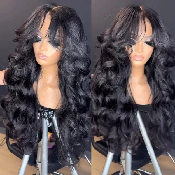 Geeta 13x4 Lace Loose Body Wave Human Hair Wigs Ocean Wave Lace Front Wigs with Curtain Bangs Full 250% Density