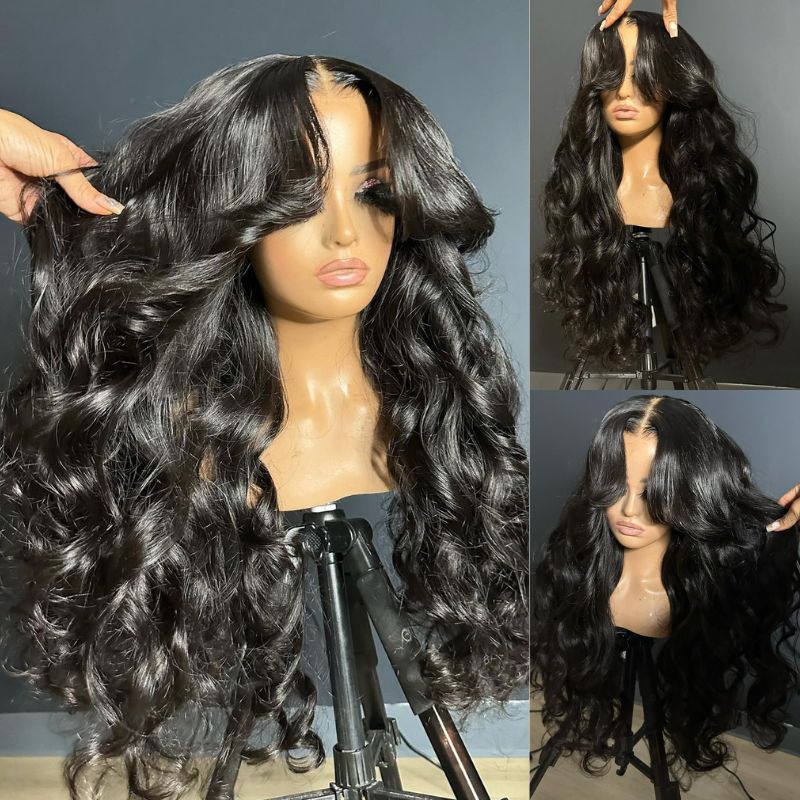 Geeta 13x4 Lace Loose Body Wave Human Hair Wigs Ocean Wave Lace Front Wigs with Curtain Bangs Full 250% Density