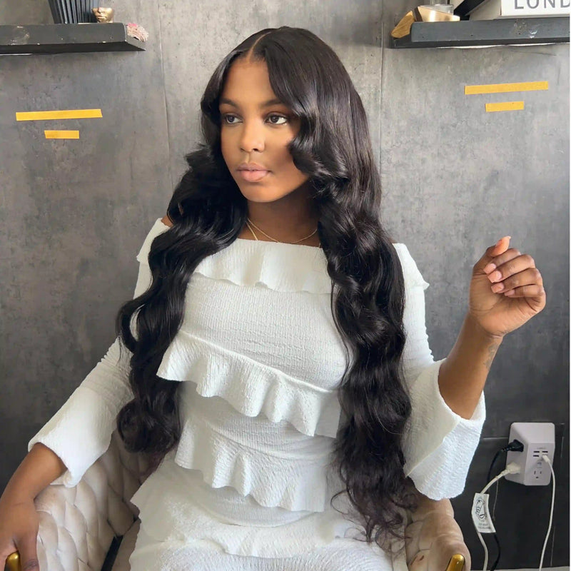 Geeta 13x4 Lace Loose Body Wave Human Hair Wigs Ocean Wave Lace Front Wigs with Curtain Bangs Full 250% Density