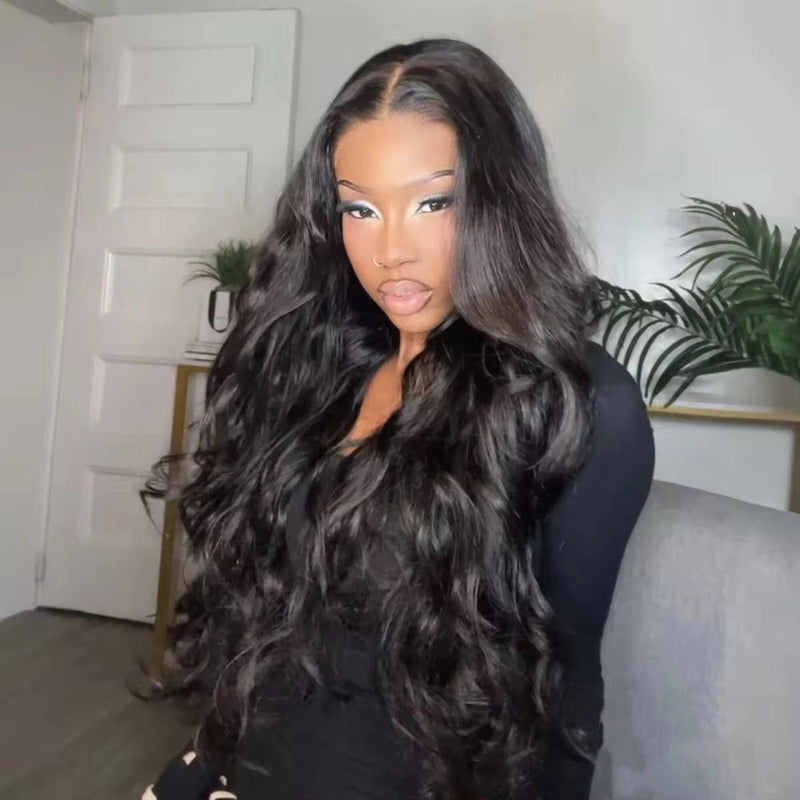 Geeta 13x4 Lace Loose Body Wave Human Hair Wigs Ocean Wave Lace Front Wigs with Curtain Bangs Full 250% Density