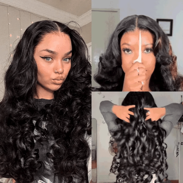 Geeta 13x4 Lace Loose Body Wave Human Hair Wigs Ocean Wave Lace Front Wigs with Curtain Bangs Full 250% Density